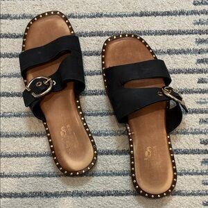 Coach and Four Black Leather Sandals with Gold Studs